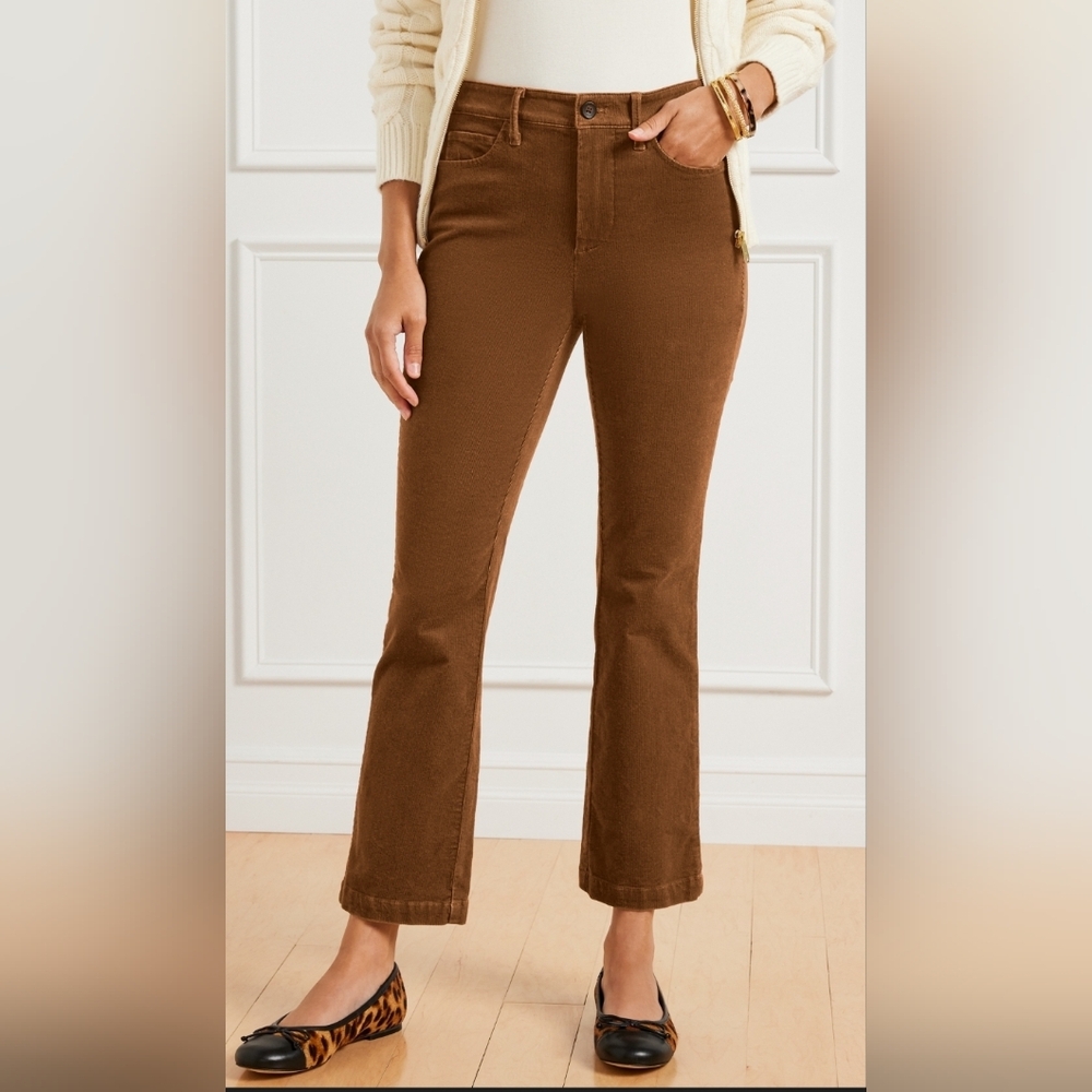 Talbots Brown Stretch Corduroy Demi Boot Pants Size 12P High Rise Ankle Flare